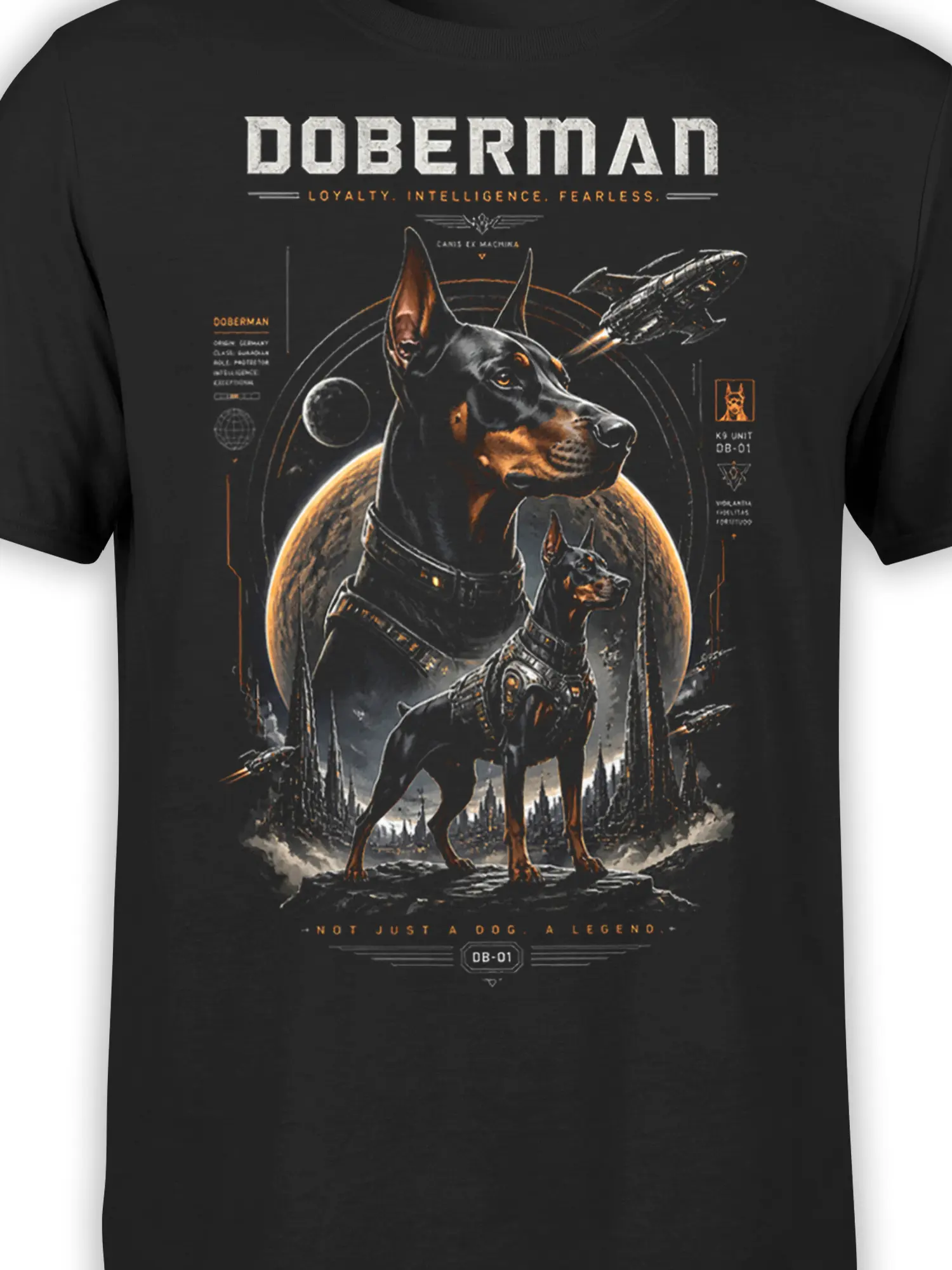 Close up of armored Doberman dog illustration with planets and starship, showing fine sci fi details on black fabric