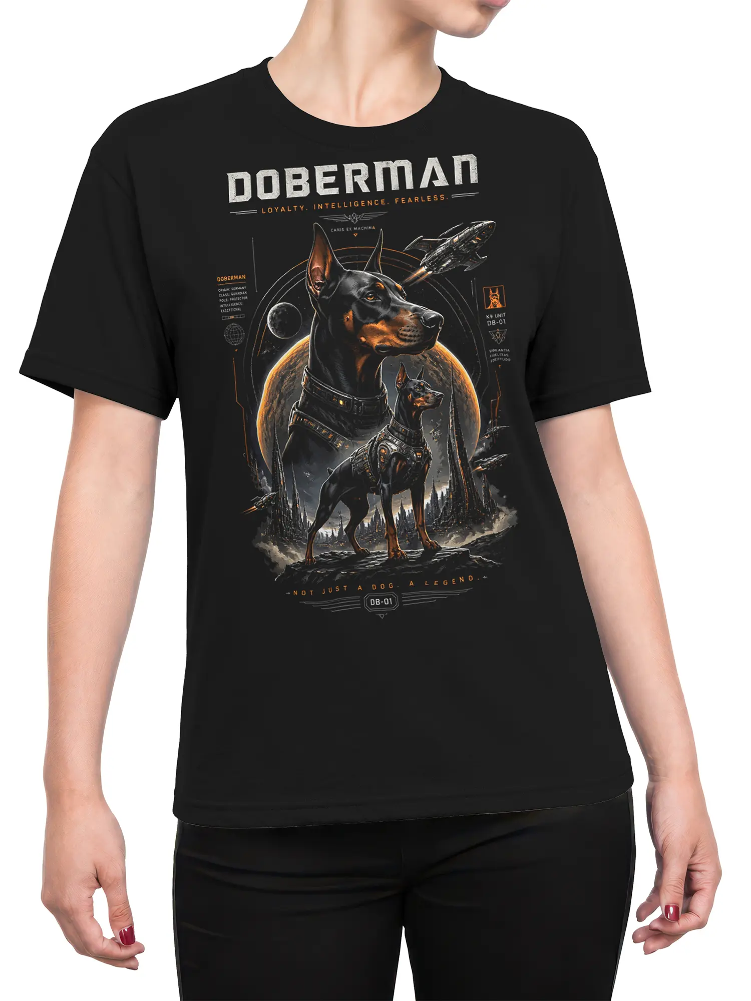 Woman wearing black Doberman sci fi dog T-shirt with bold space art and armored K9 graphic on the chest