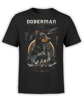 Black T-shirt with epic sci fi Doberman in armor standing before planets, starship, and dark futuristic city skyline