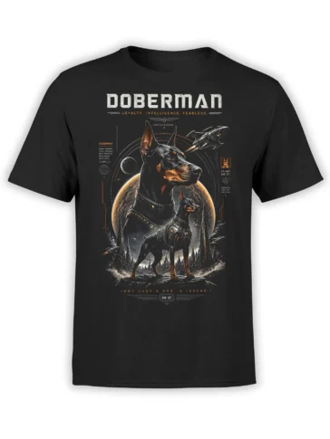 Black T-shirt with epic sci fi Doberman in armor standing before planets, starship, and dark futuristic city skyline
