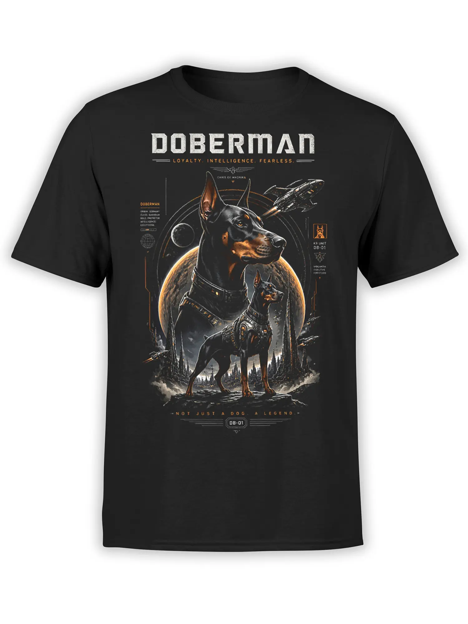 Black T-shirt with epic sci fi Doberman in armor standing before planets, starship, and dark futuristic city skyline