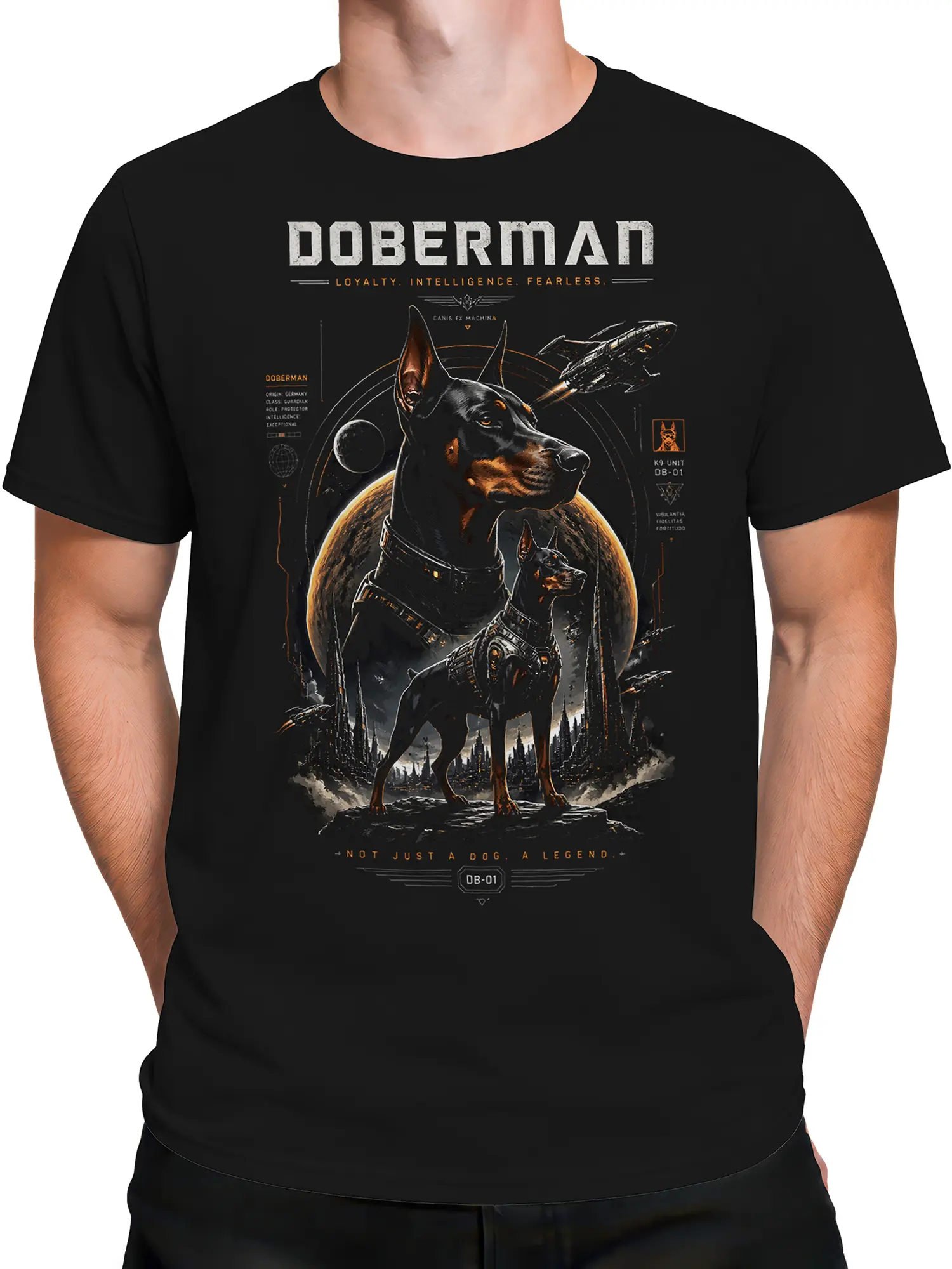 Man wearing black Doberman space dog T-shirt with armored K9, planets, and starship design