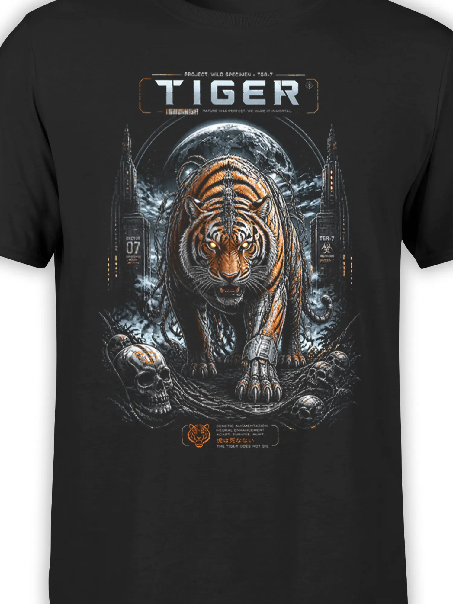 Close-up of cybernetic tiger graphic with metal plates, cables, skulls and moon details on black cotton shirt