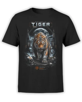 Black unisex t-shirt with a detailed cybernetic tiger, skulls and moon graphic in dark sci-fi style, walking forward with glowing eyes