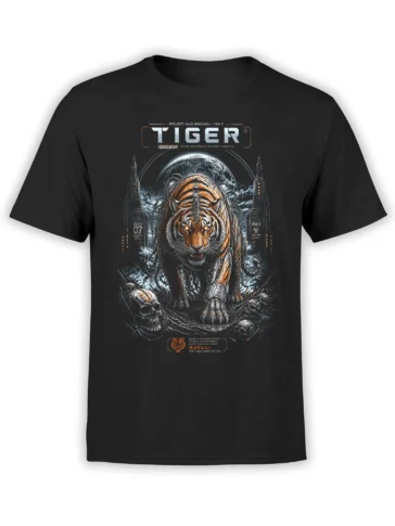 Black unisex t-shirt with a detailed cybernetic tiger, skulls and moon graphic in dark sci-fi style, walking forward with glowing eyes