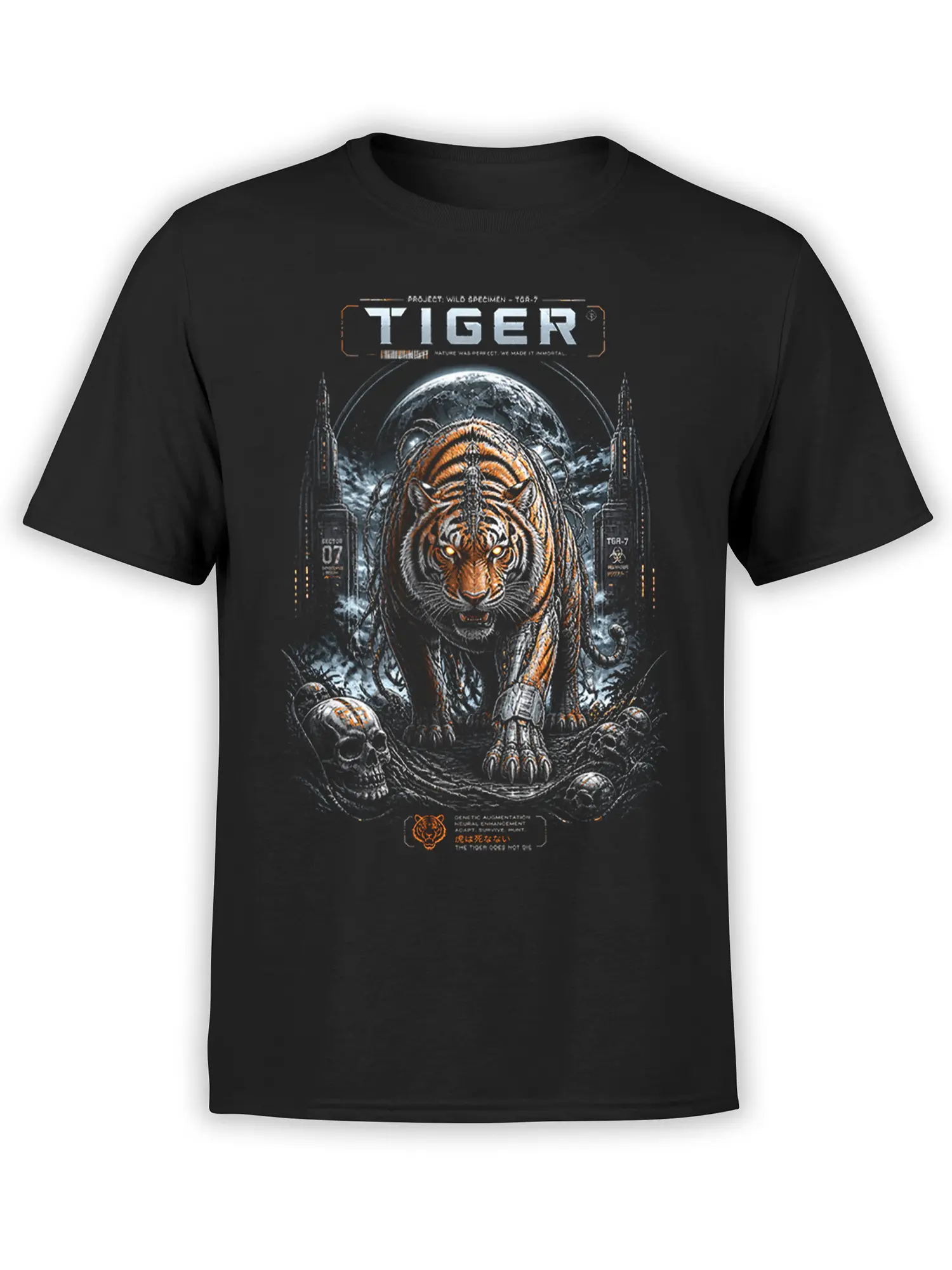 Black unisex t-shirt with a detailed cybernetic tiger, skulls and moon graphic in dark sci-fi style, walking forward with glowing eyes