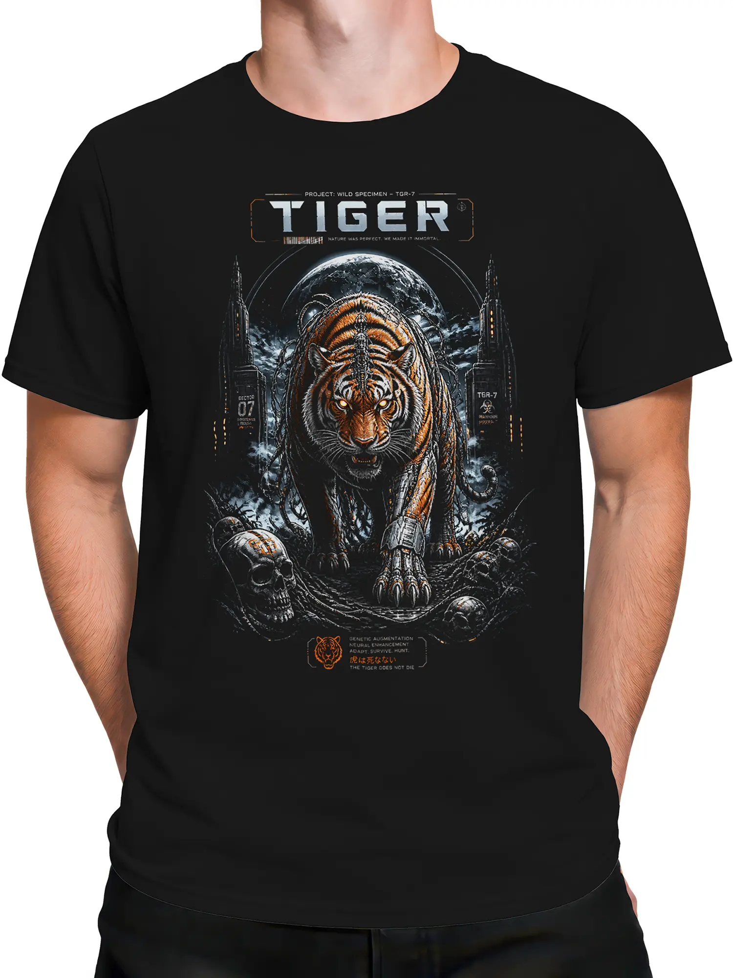 Man in black cyber tiger t-shirt featuring cybernetic tiger, skulls and moon graphic in dark futuristic style