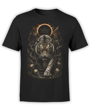 Black unisex t-shirt with a white tiger, flaming eclipse halo, and skulls illustrated in a detailed dark fantasy horror style