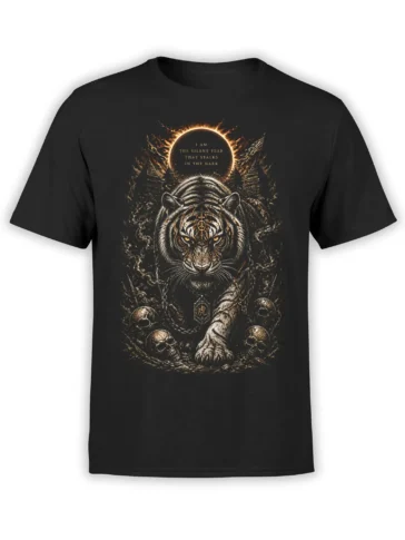 Black unisex t-shirt with a white tiger, flaming eclipse halo, and skulls illustrated in a detailed dark fantasy horror style