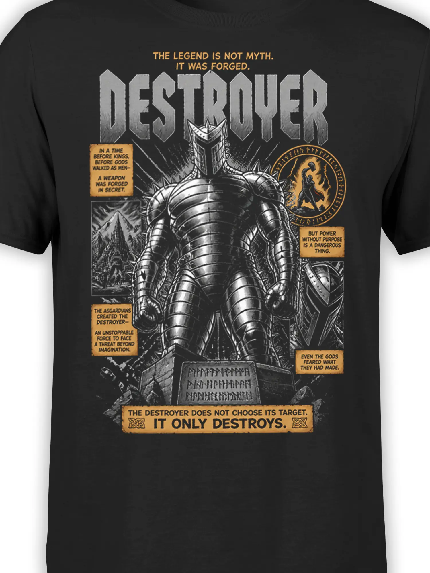 Close-up of the Destroyer armored warrior graphic with metallic shading and gold story panels on black fabric