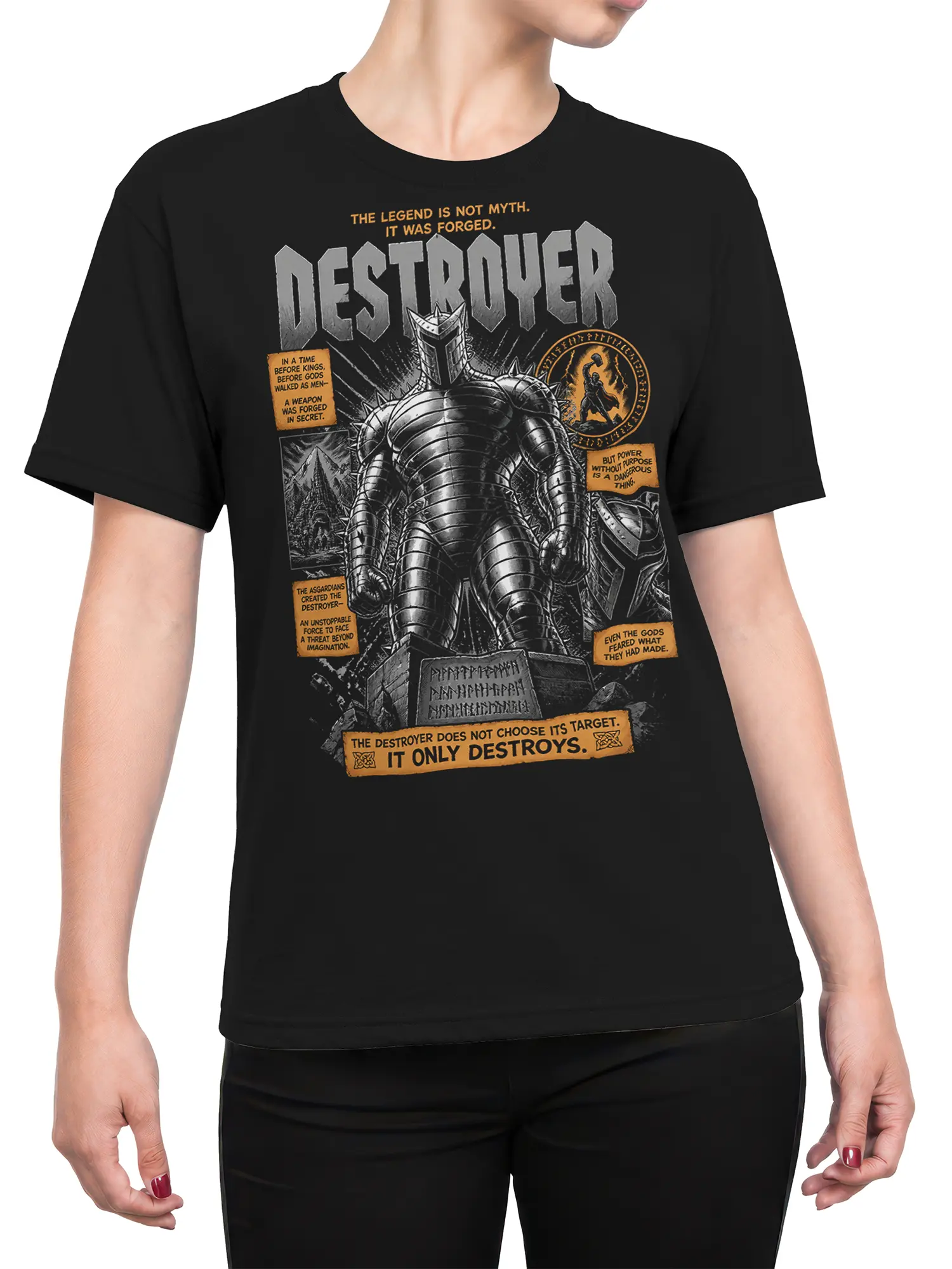 Woman wearing black Destroyer warrior fantasy shirt with bold comic-book artwork on the front
