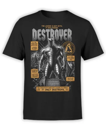 Black unisex T-shirt with large mythic Destroyer armored warrior design and gold comic-style text panels across the chest