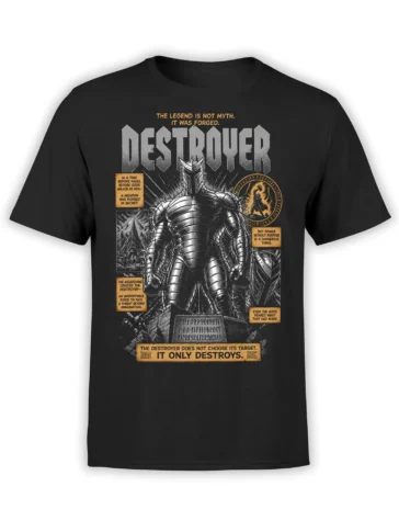 Black unisex T-shirt with large mythic Destroyer armored warrior design and gold comic-style text panels across the chest