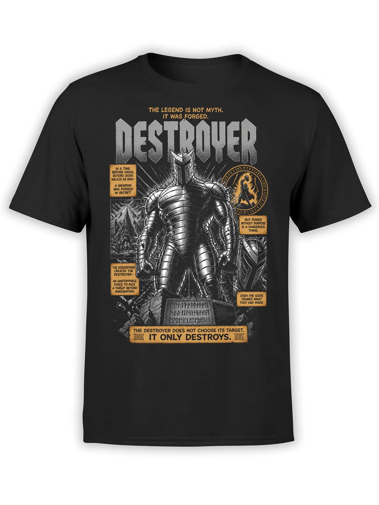 Black unisex T-shirt with large mythic Destroyer armored warrior design and gold comic-style text panels across the chest