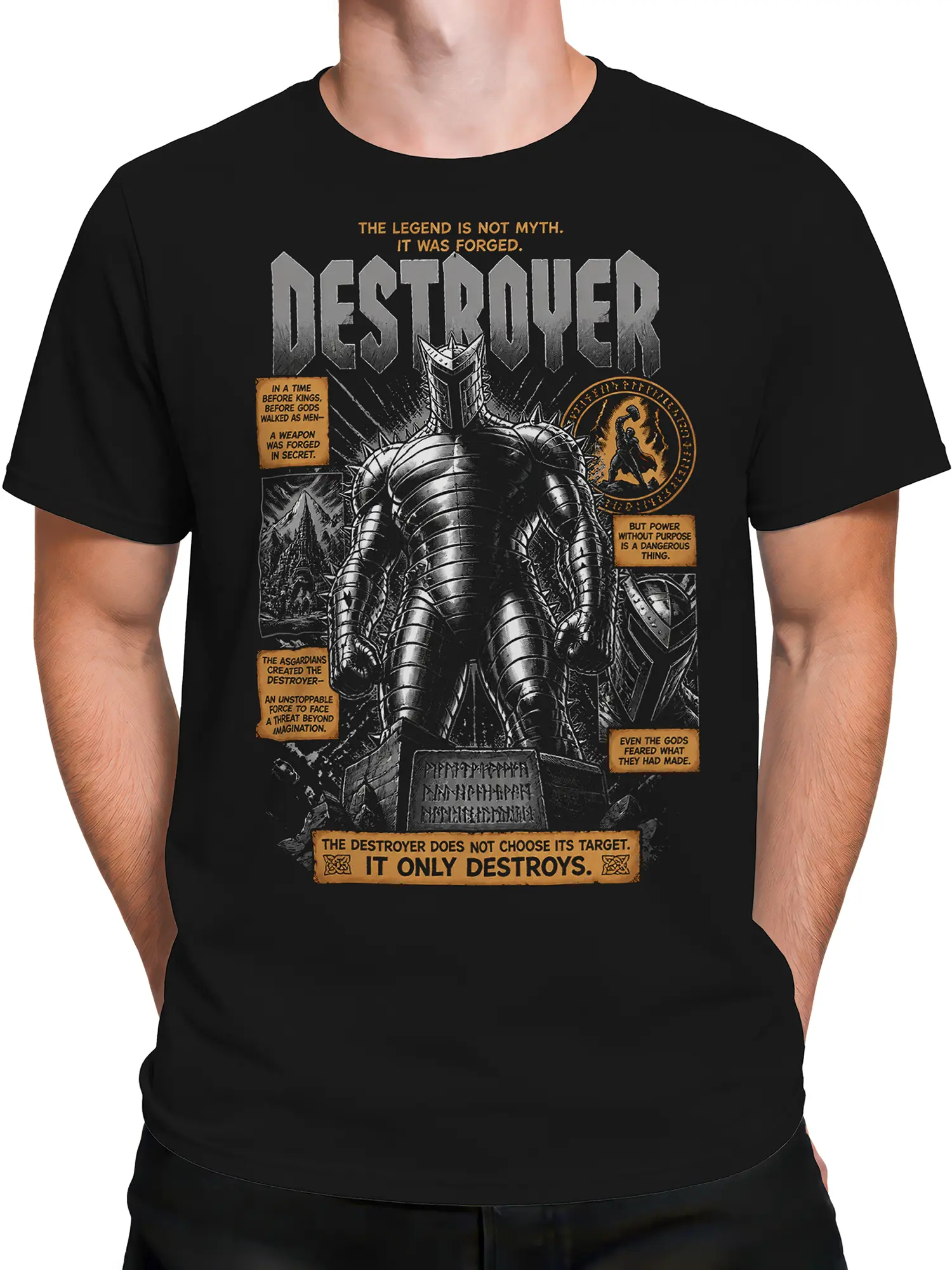 Man wearing black Destroyer warrior T-shirt with large armored figure and gold text panels