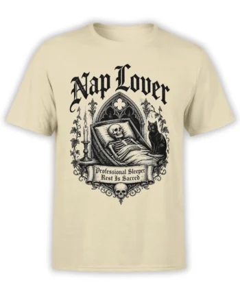 beige unisex t-shirt with gothic skeleton nap lover design, black cat, candles, and vintage banner art in dark ink