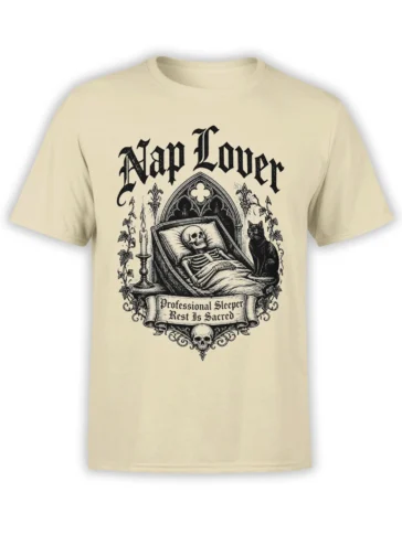 beige unisex t-shirt with gothic skeleton nap lover design, black cat, candles, and vintage banner art in dark ink