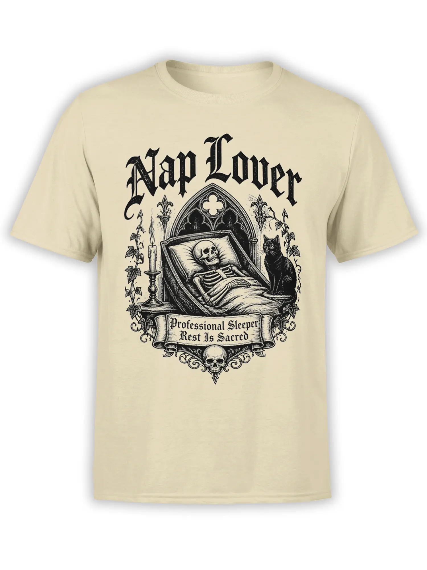 beige unisex t-shirt with gothic skeleton nap lover design, black cat, candles, and vintage banner art in dark ink
