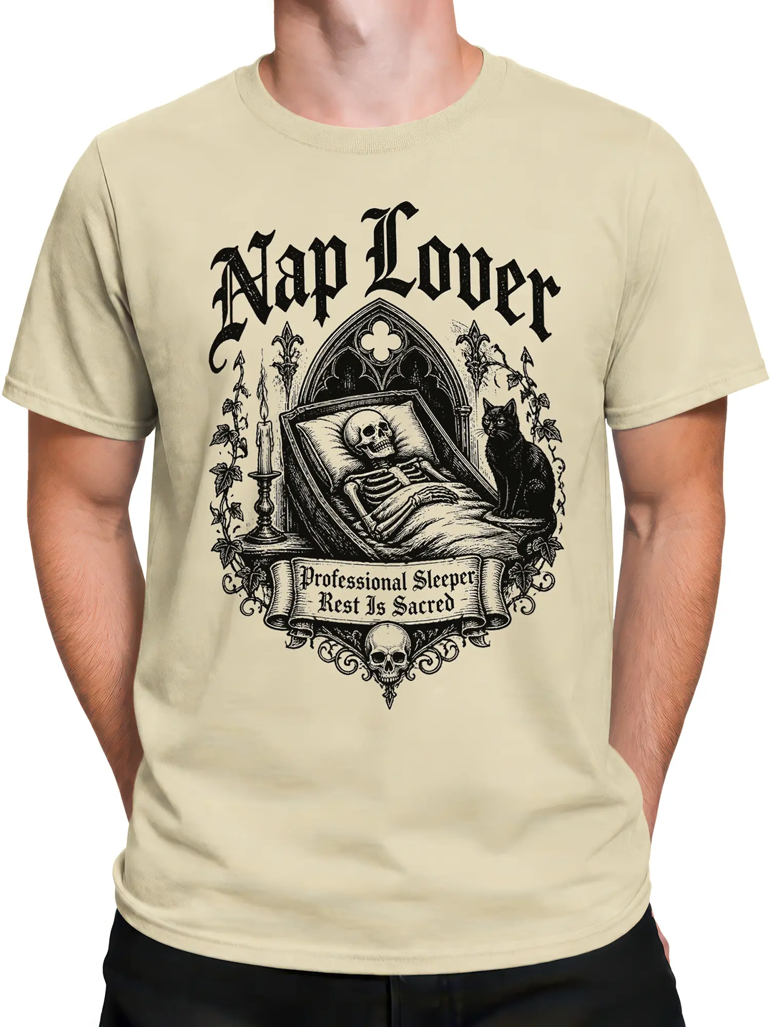male model wearing beige gothic skeleton nap lover t-shirt with black cat illustration