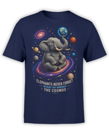 navy unisex t-shirt with a cute cosmic elephant sitting in a galaxy, holding Earth on its trunk among bright planets, stars, and swirling space