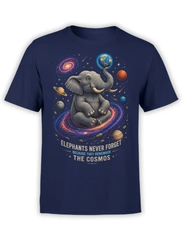 navy unisex t-shirt with a cute cosmic elephant sitting in a galaxy, holding Earth on its trunk among bright planets, stars, and swirling space
