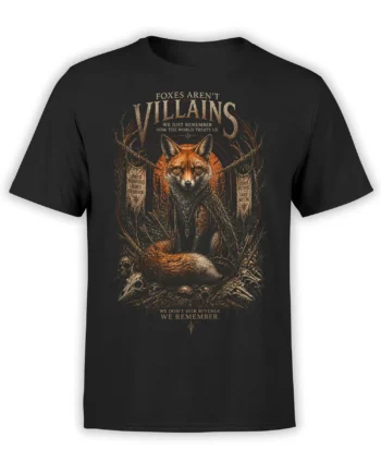 black unisex t-shirt with detailed dark forest fox artwork and “foxes aren’t villains” quote in warm orange and bone tones