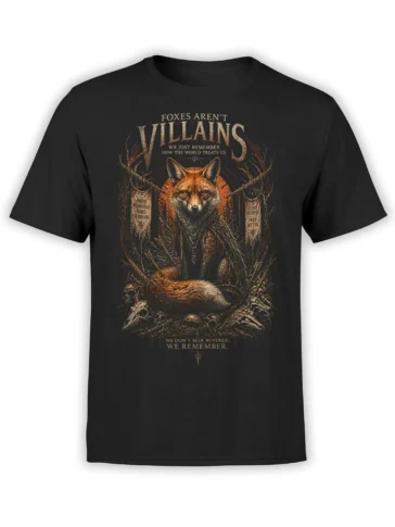 black unisex t-shirt with detailed dark forest fox artwork and “foxes aren’t villains” quote in warm orange and bone tones