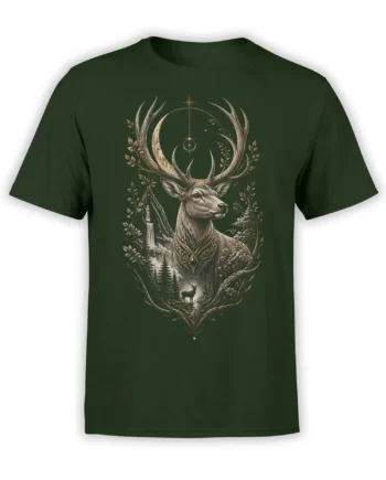 Front view of green unisex shirt with ornate mystic stag, crescent moon, stars and forest illustration in detailed gold and gray artwork