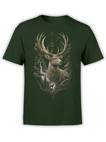 Front view of green unisex shirt with ornate mystic stag, crescent moon, stars and forest illustration in detailed gold and gray artwork