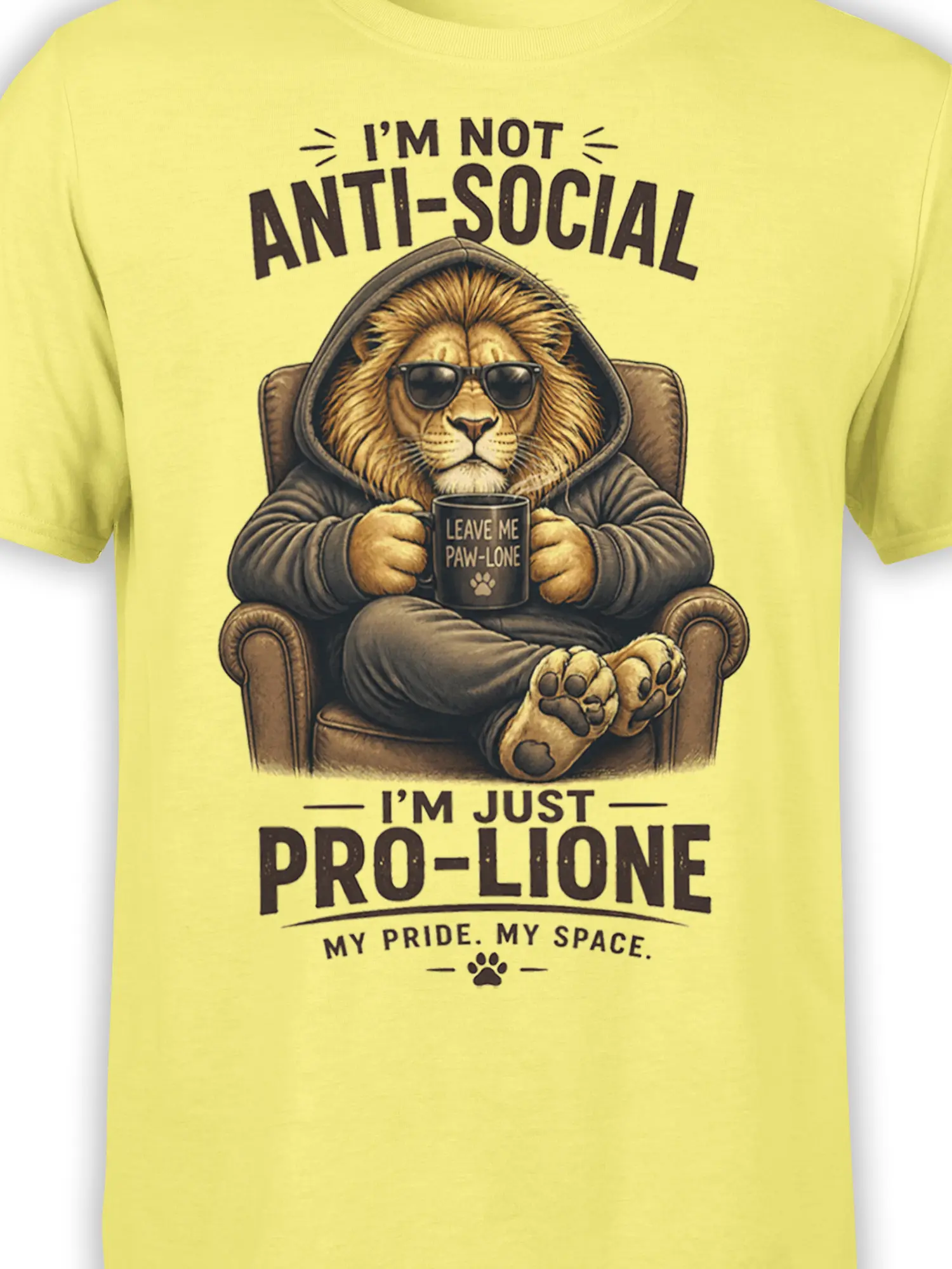Close-up of lion in hoodie and sunglasses with coffee mug and pro-lione introvert text on yellow shirt