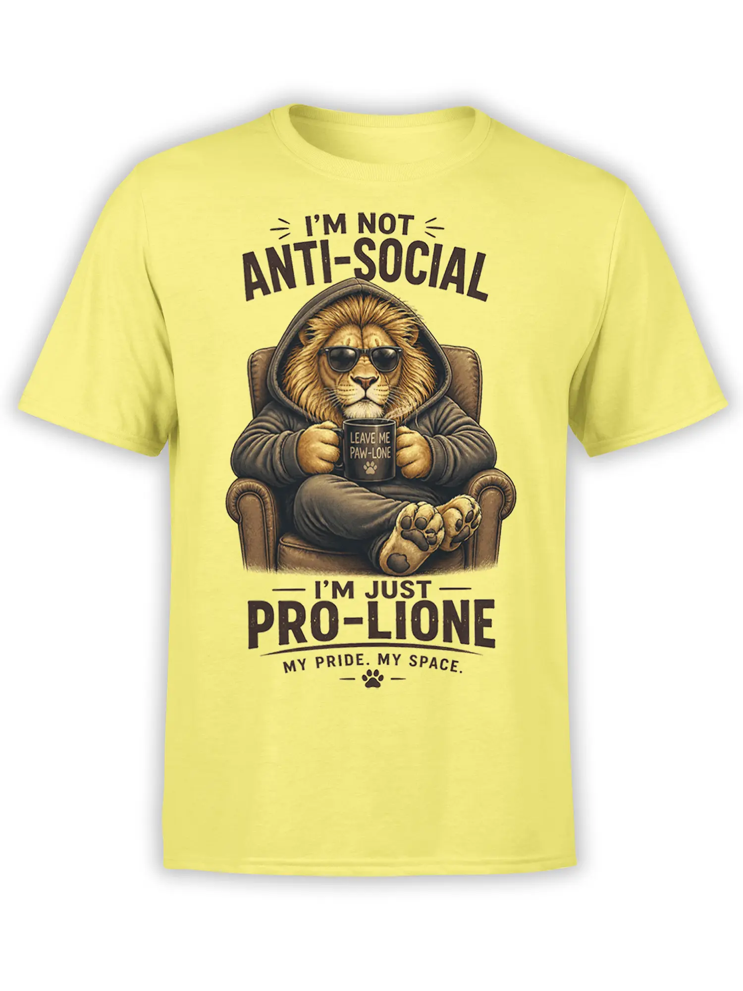 Front view of yellow t-shirt with chill lion in hoodie and sunglasses plus “I’m not anti-social, I’m just pro-lione” text graphic