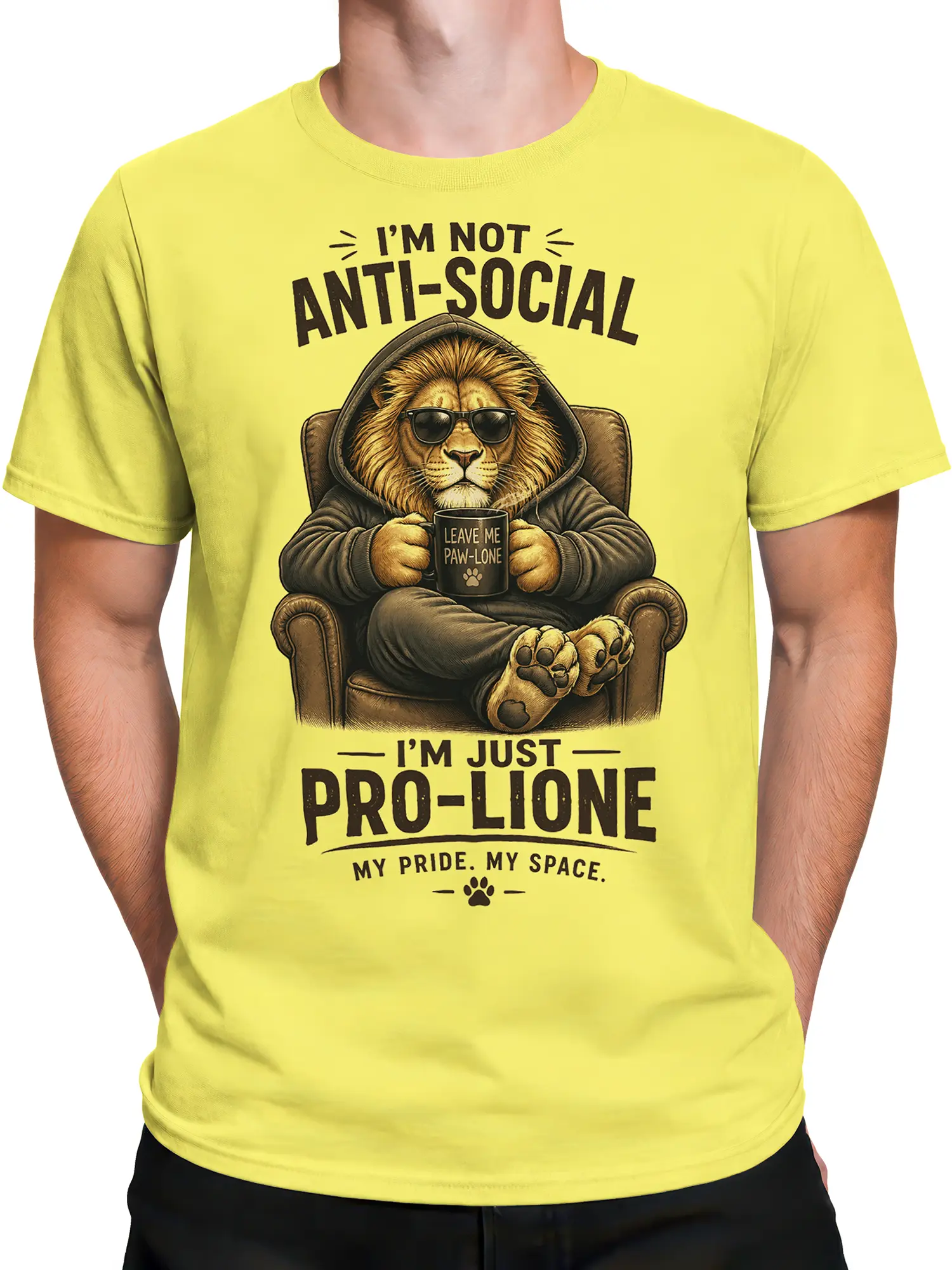 Man wearing yellow pro-lione introvert lion t-shirt with chill lion and anti-social text