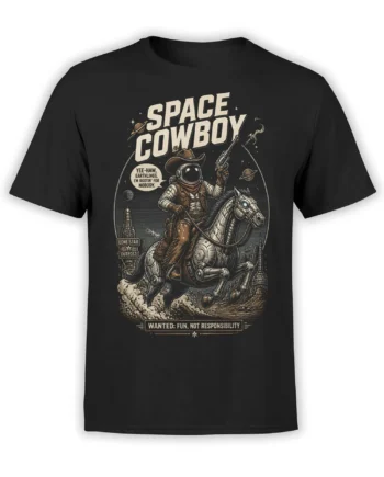 black unisex t-shirt with detailed retro space cowboy astronaut riding a robotic horse through planets and stars