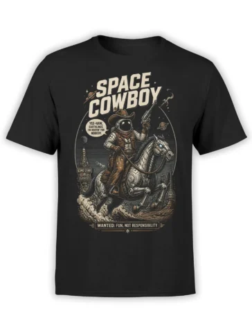black unisex t-shirt with detailed retro space cowboy astronaut riding a robotic horse through planets and stars