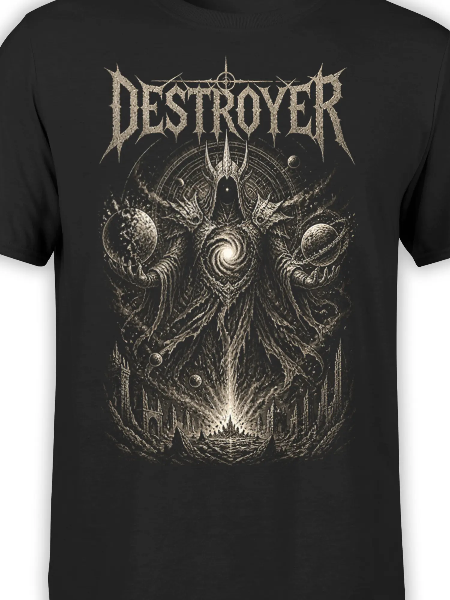 Close-up of the cosmic destroyer artwork with galaxy chest, orbit lines, planets, and shattered city on black fabric