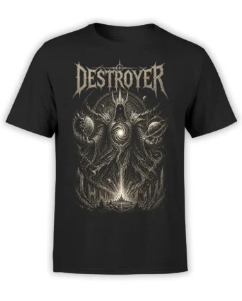 Black unisex t-shirt with a detailed cosmic destroyer fantasy design holding planets above a ruined city in pale ink