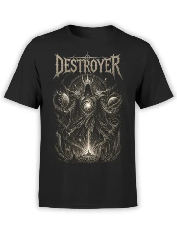 Black unisex t-shirt with a detailed cosmic destroyer fantasy design holding planets above a ruined city in pale ink