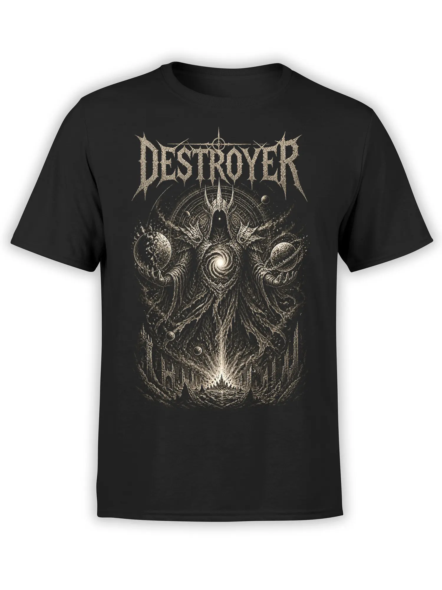 Black unisex t-shirt with a detailed cosmic destroyer fantasy design holding planets above a ruined city in pale ink