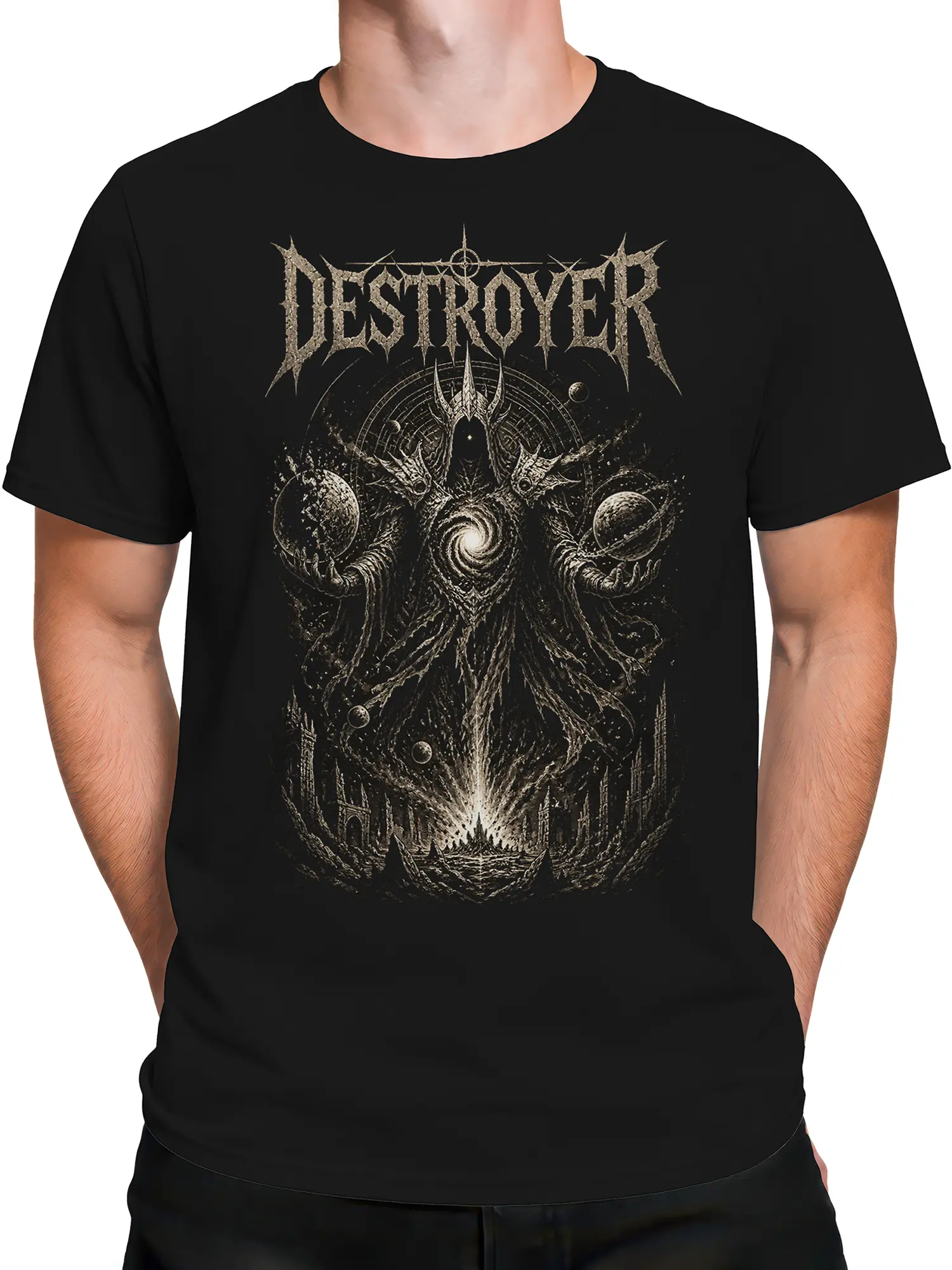 Man wearing black Cosmic Destroyer t-shirt with dark fantasy galaxy overlord graphic