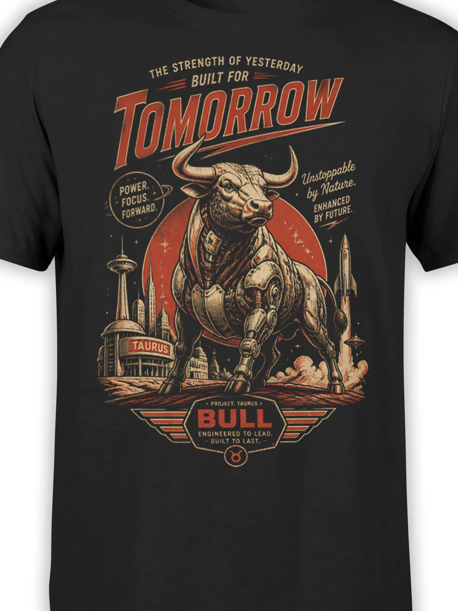 Close-up of Taurus bull graphic showing cyber armor, retro sci fi city details, and Tomorrow typography on black fabric
