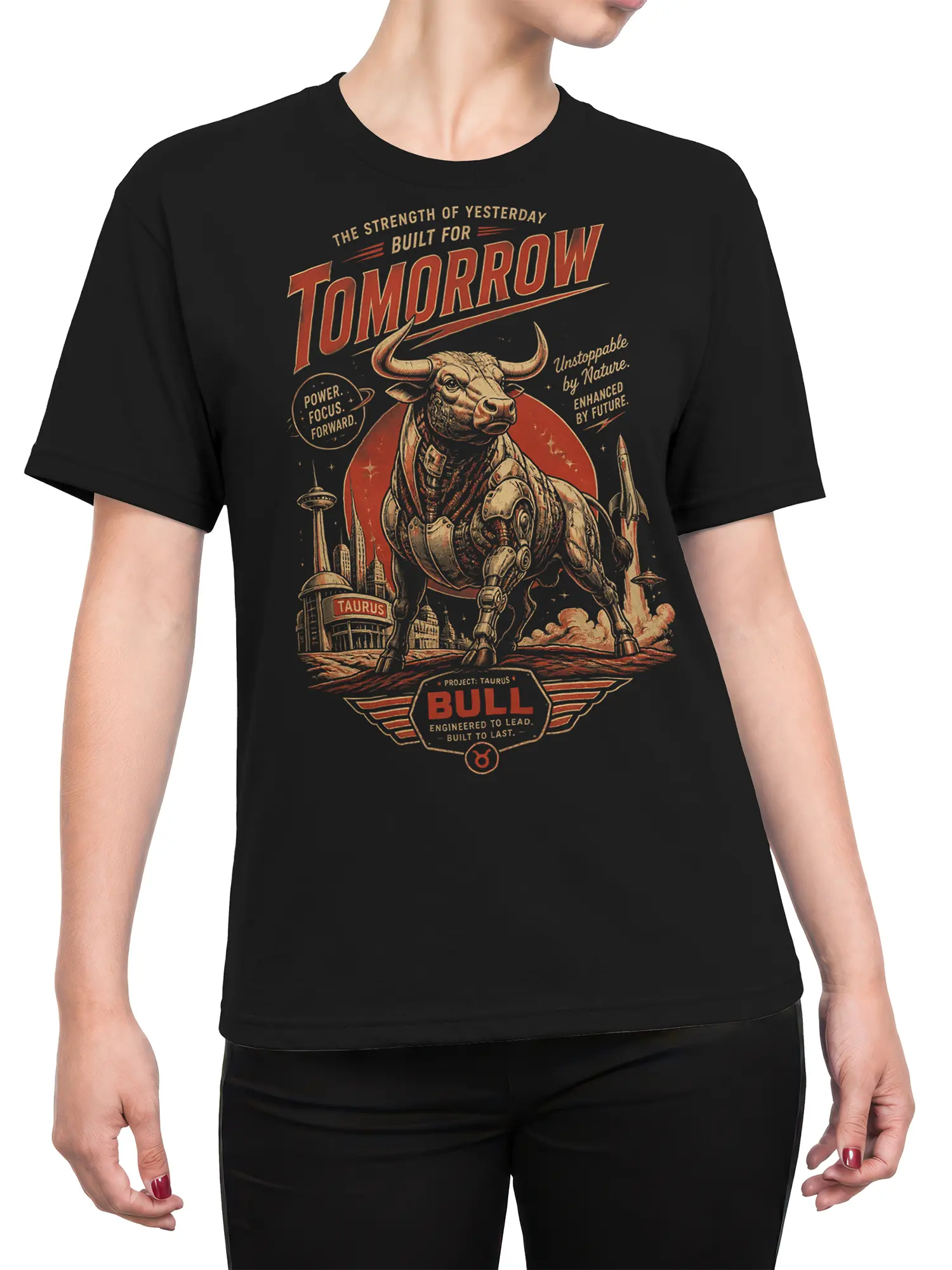 Woman wearing black Taurus bull Tomorrow graphic shirt with retro sci fi city and bold motivational text