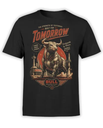 Black unisex t-shirt with futuristic Taurus bull and retro sci fi city artwork under a bold Tomorrow slogan in red and beige tones
