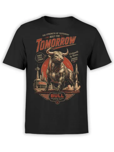Black unisex t-shirt with futuristic Taurus bull and retro sci fi city artwork under a bold Tomorrow slogan in red and beige tones