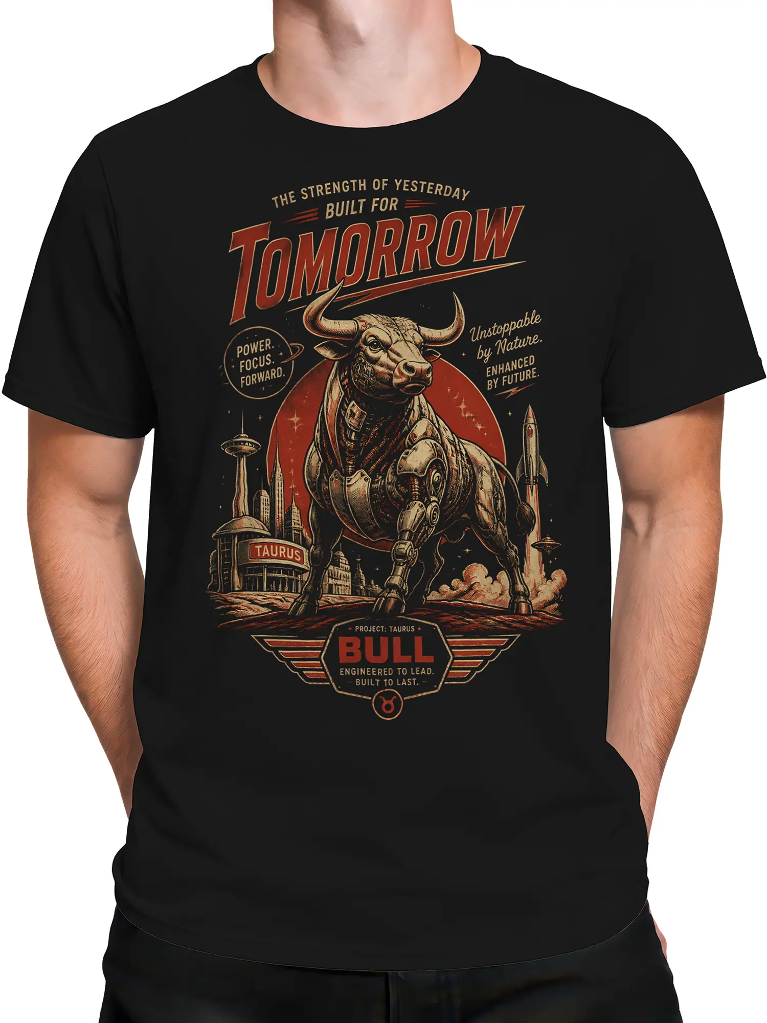 Man wearing black Taurus bull retro future t-shirt with strong Tomorrow slogan and sci fi city scene
