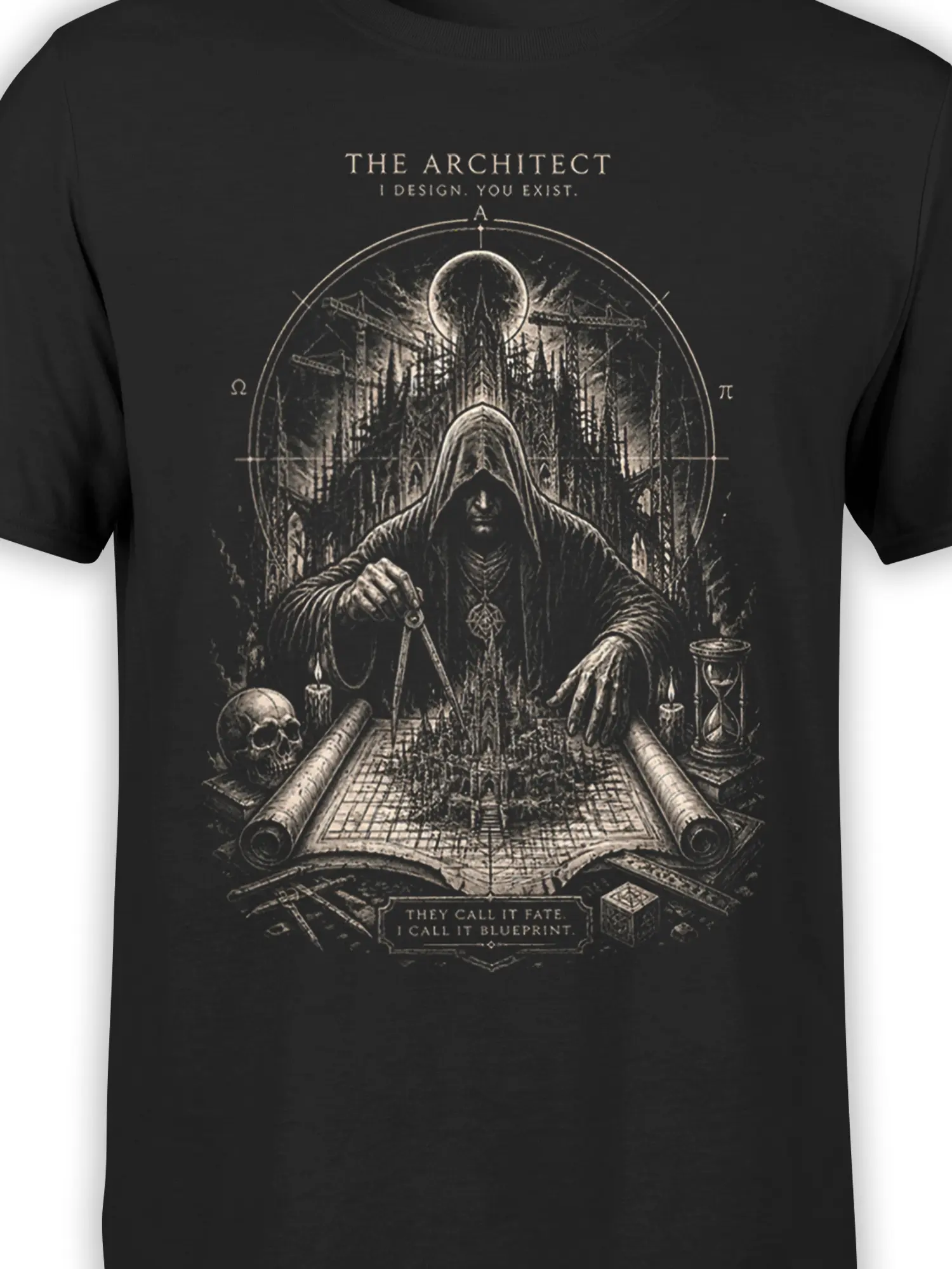 close-up of hooded architect and gothic city blueprint artwork on black fantasy shirt