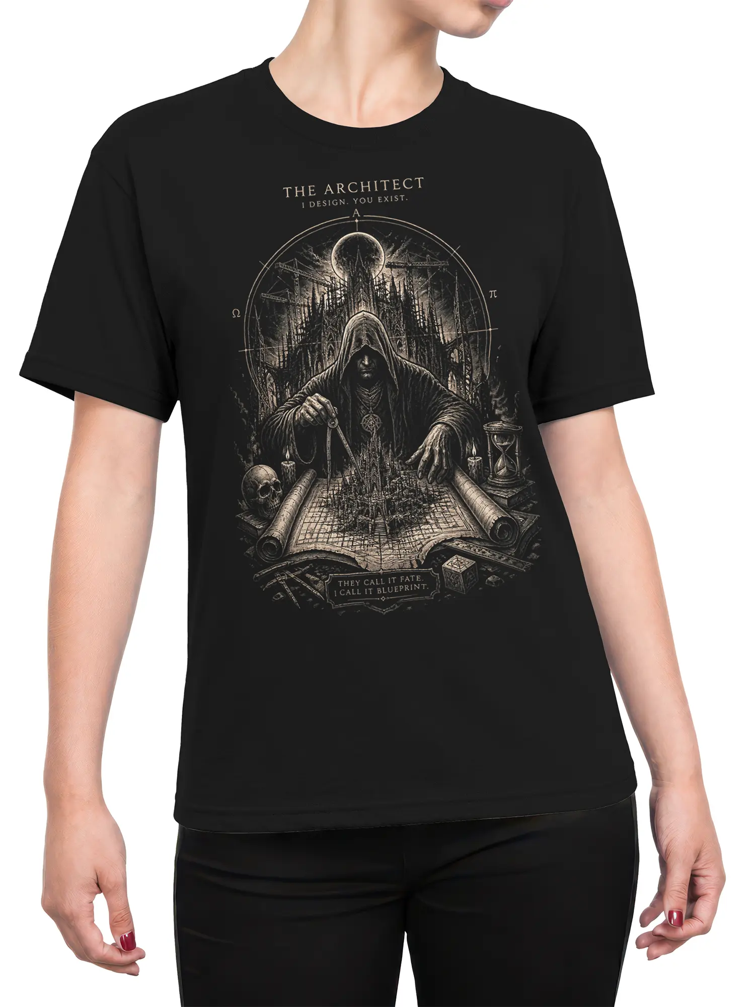 female model wearing black architect fantasy shirt with hooded figure and gothic blueprint design