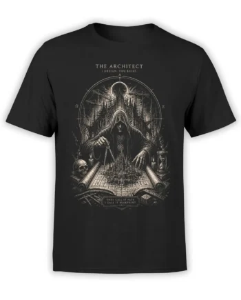 black t-shirt with dark fantasy hooded architect designing a gothic city blueprint in detailed pale ink artwork