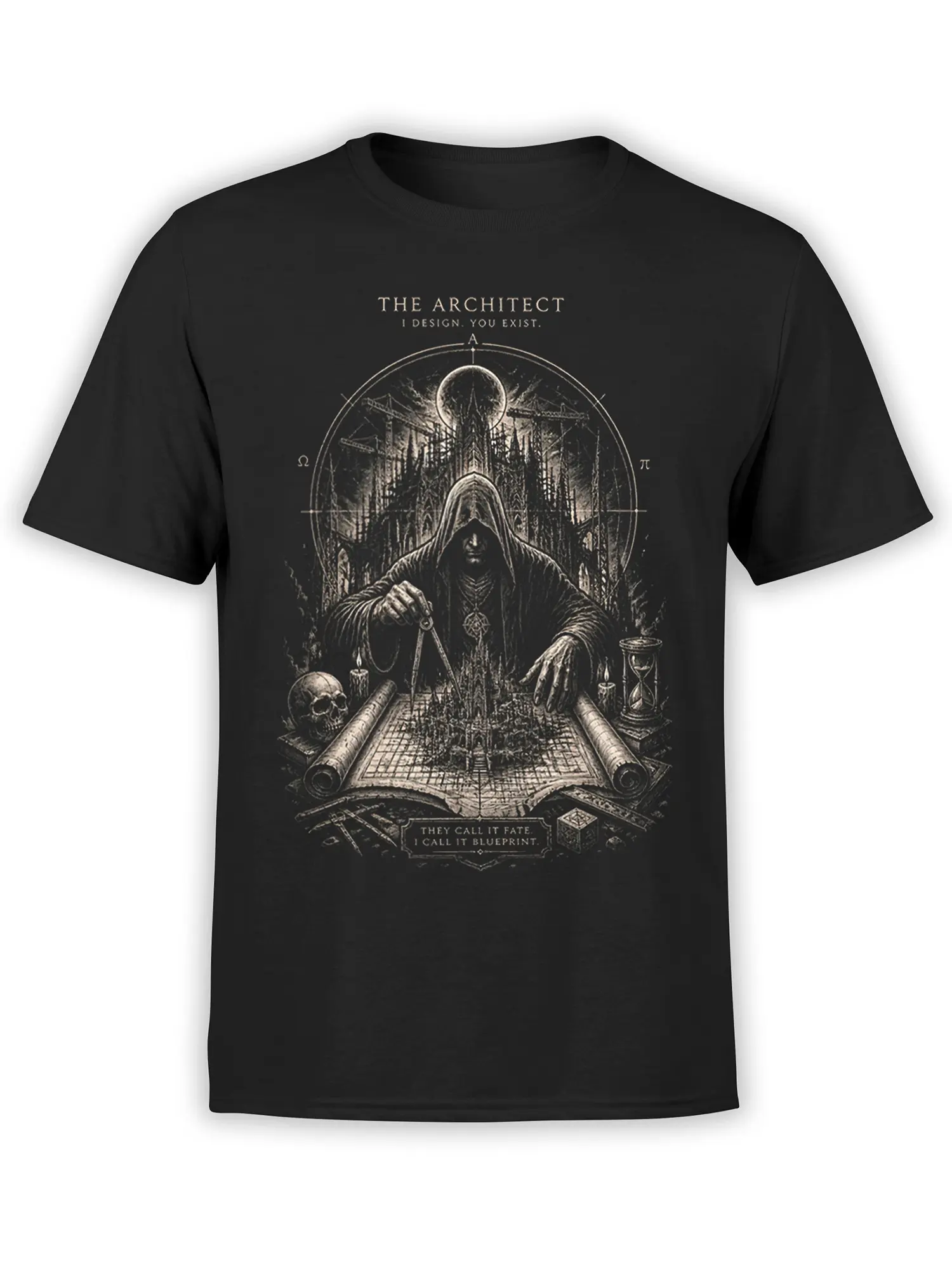 black t-shirt with dark fantasy hooded architect designing a gothic city blueprint in detailed pale ink artwork