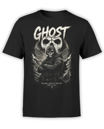 Black unisex t-shirt with ghostly skull background, masked tactical soldier artwork and bold quote in gritty monochrome style