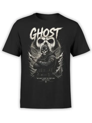 Black unisex t-shirt with ghostly skull background, masked tactical soldier artwork and bold quote in gritty monochrome style